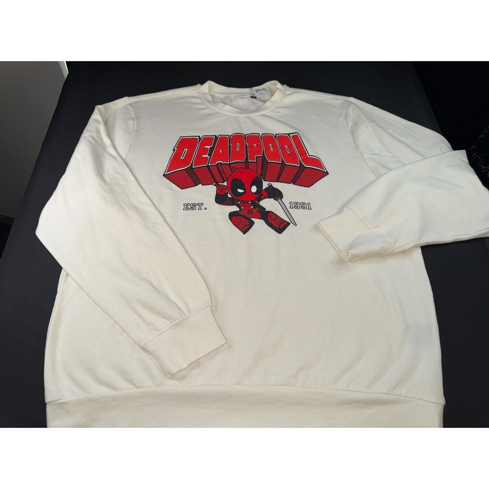 Marvel Deadpool Graphic Sweatshirt‎ Mens XXL Off White Cream Fleece Pullover NWT